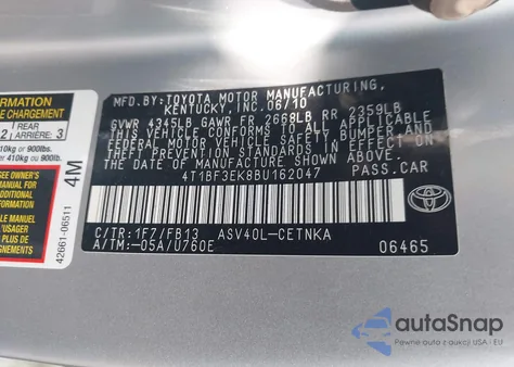 2011 Toyota Camry Se/Le/Xle из США, поврежденный, VIN 4T1BF3EK8BU162047